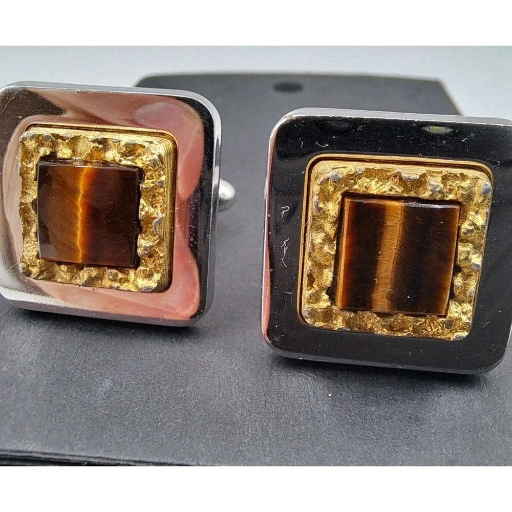 Vintage Anson Tiger's Eye Yellow Gold Plated Cuff Links
